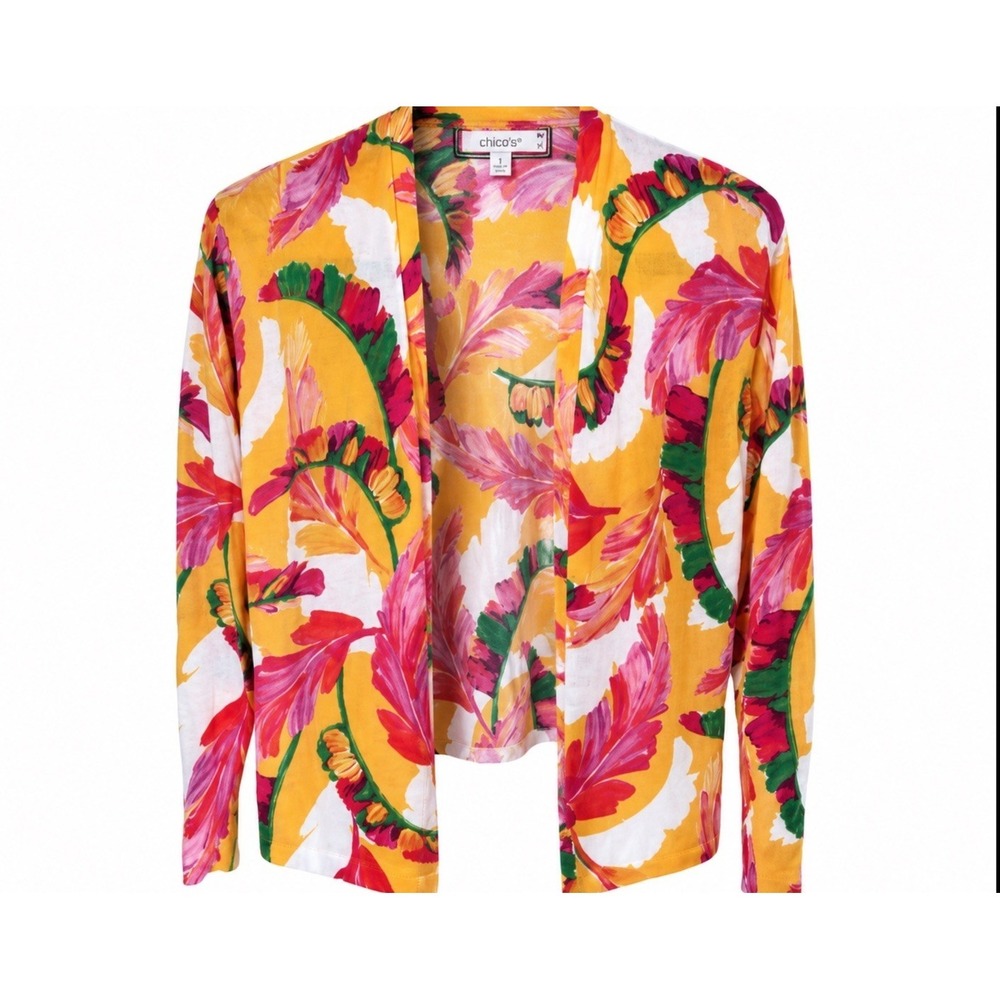 Chicos 4-6 Summer Romance Foliage Topper Cardigan Open Front Light Mango Ice NWT - Picture 4 of 8